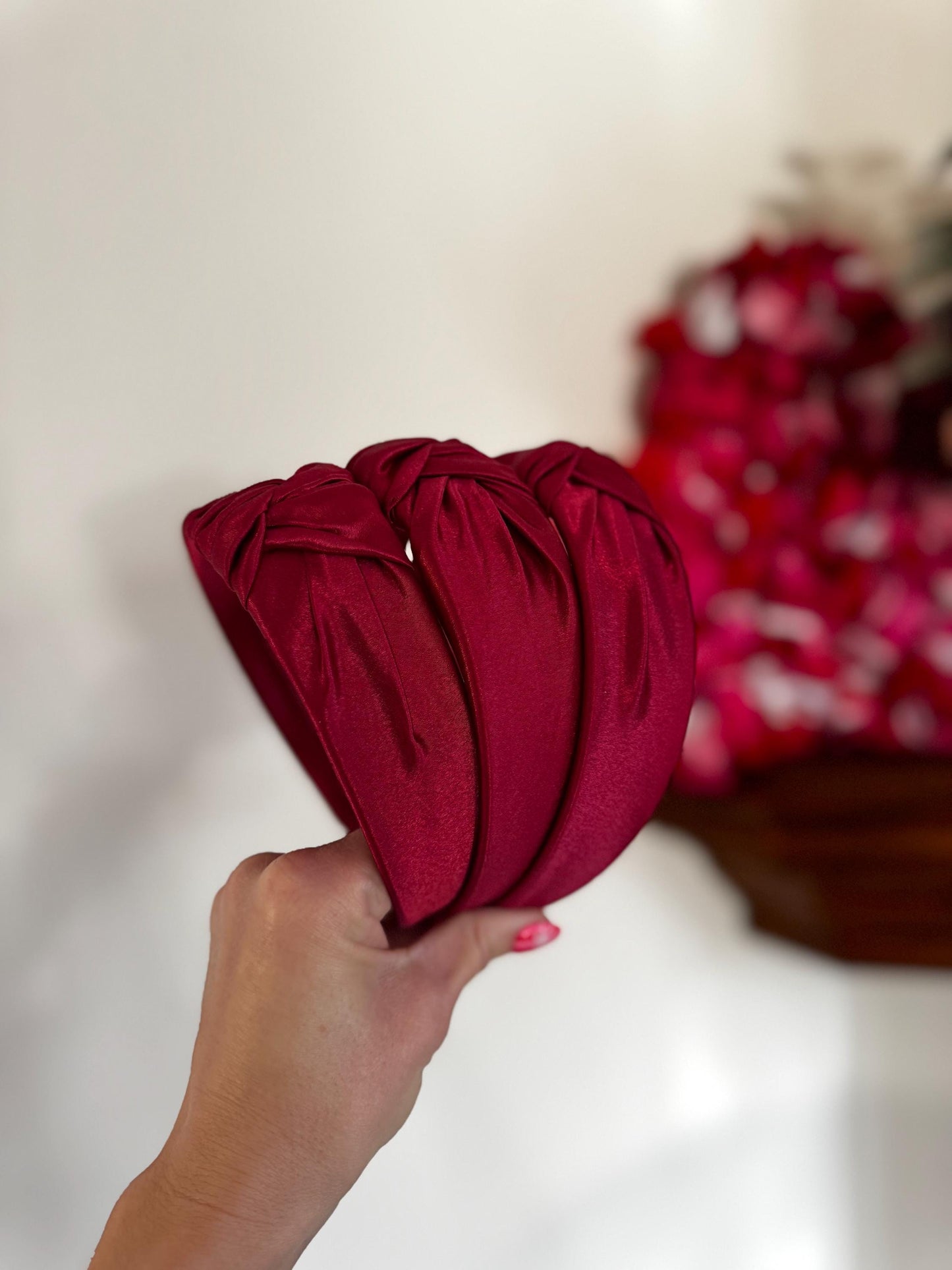 Red Satin Top Knot Headband, holiday plaid headband,  Hard Headband , Christmas  Headband, Bendable Headband, Brynnbands
