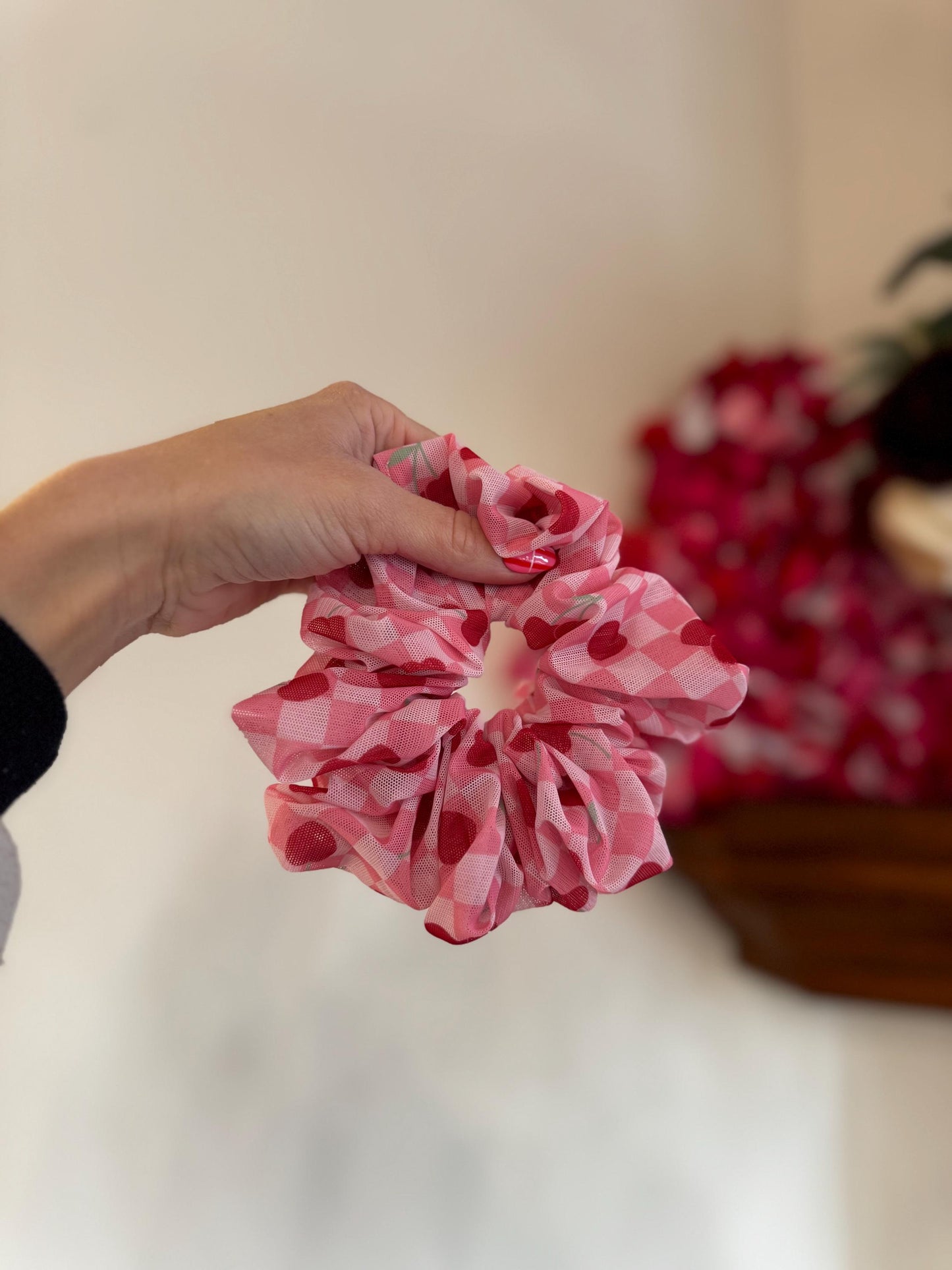 Pink Gingham Cherry Scrunchie - Hair Accessory