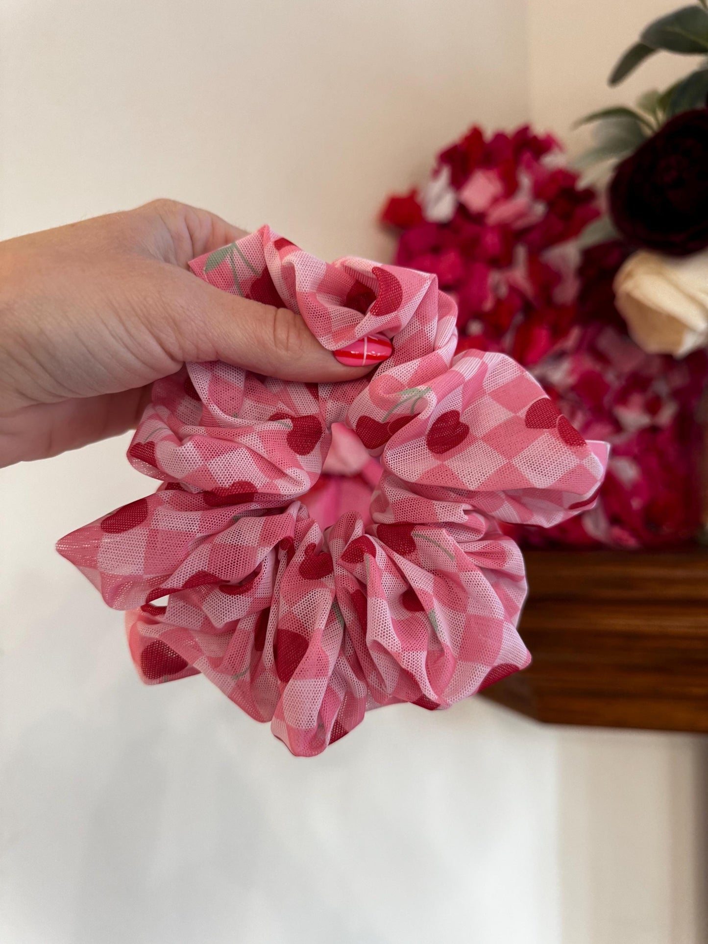 Pink Gingham Cherry Scrunchie - Hair Accessory