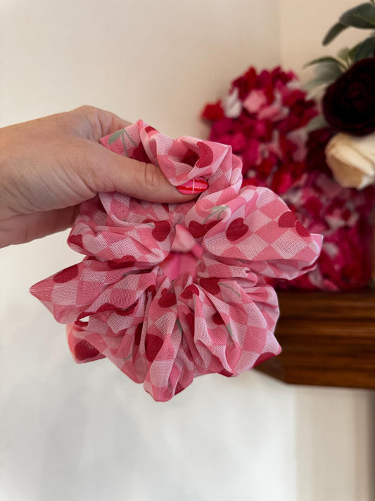 Pink Gingham Cherry Scrunchie - Hair Accessory