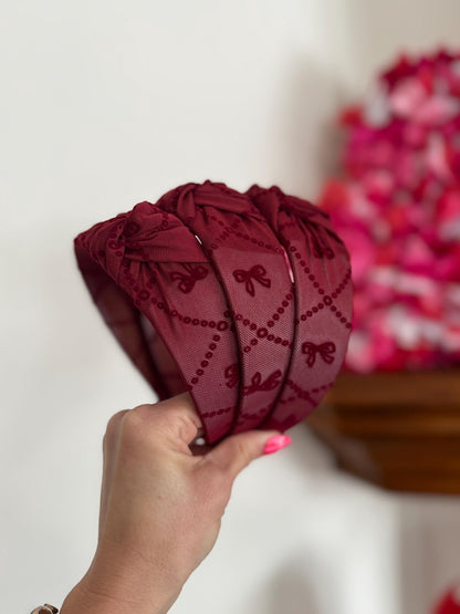 Dark Red Bows MESH Top Knot, Valentine Headband, Pink Headband, Brynnbands, Hard Headband, Knotted Headband, Valentine's Day
