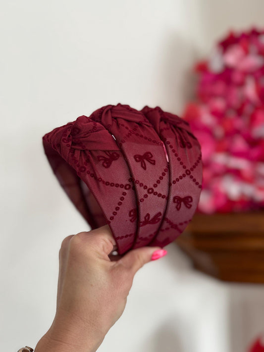 Dark Red Bows MESH Top Knot, Valentine Headband, Pink Headband, Brynnbands, Hard Headband, Knotted Headband, Valentine's Day