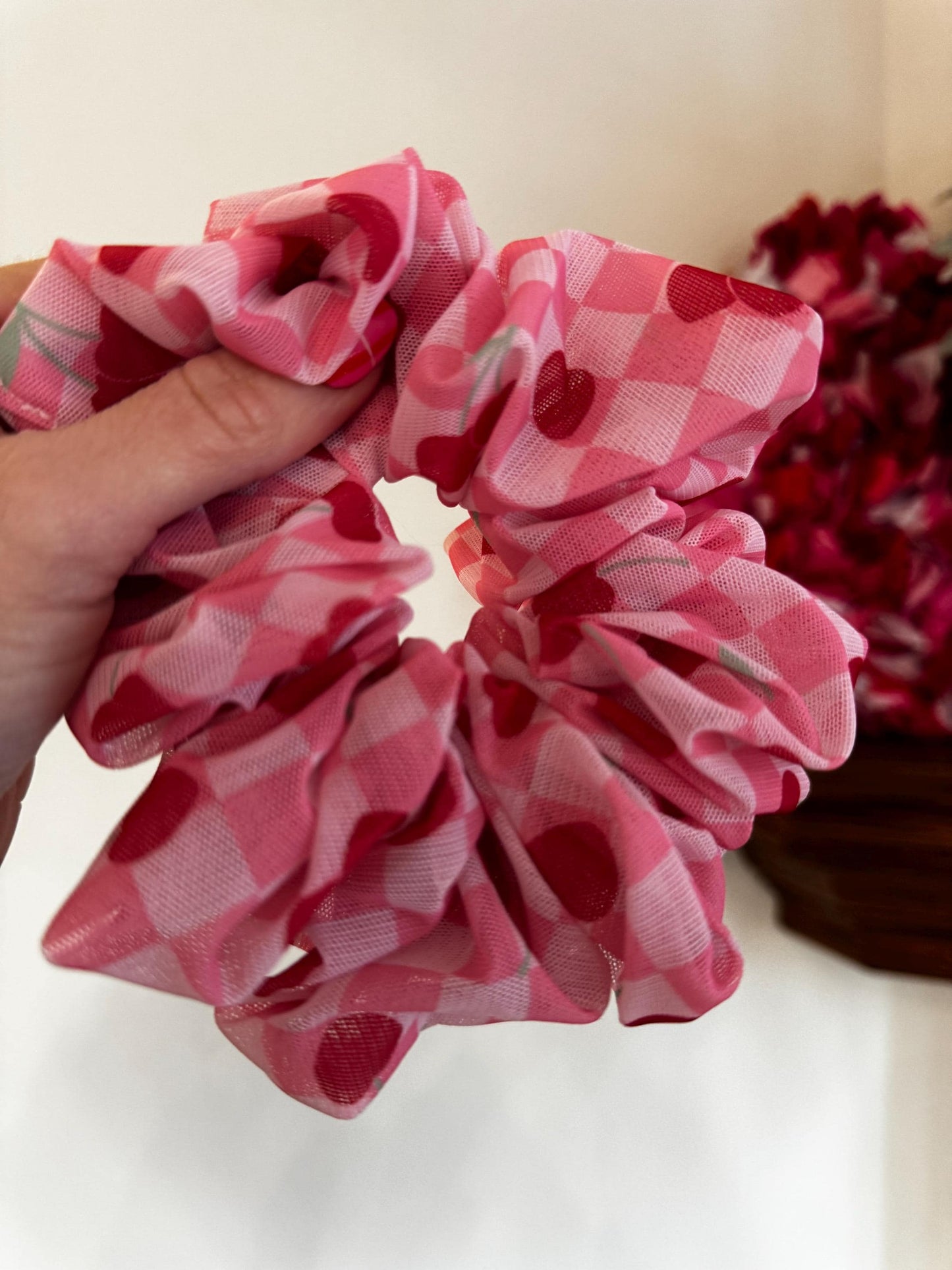 Pink Gingham Cherry Scrunchie - Hair Accessory