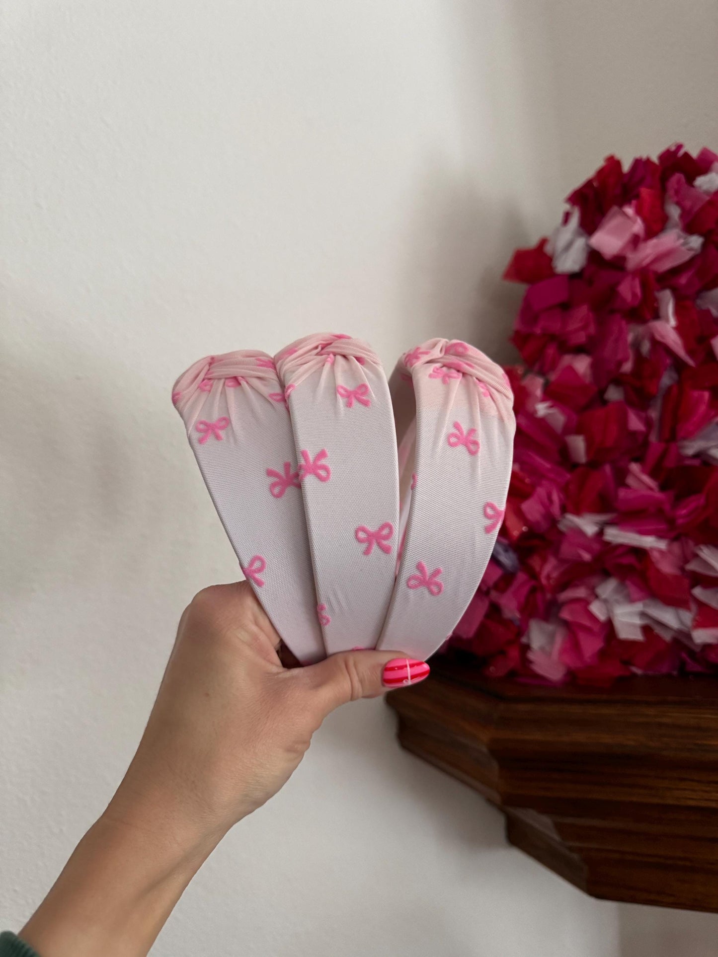 Pink Bow Top Knot Headband, Handmade Adjustable Fit