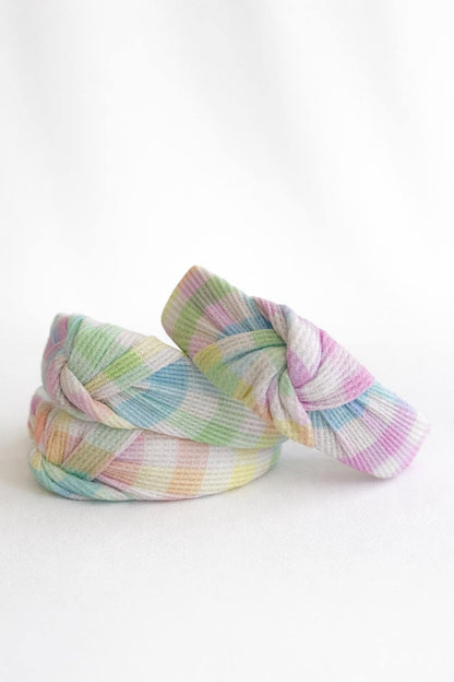 Pastel Gingham Waffle Knit Top Knot Headband - Brynnbands