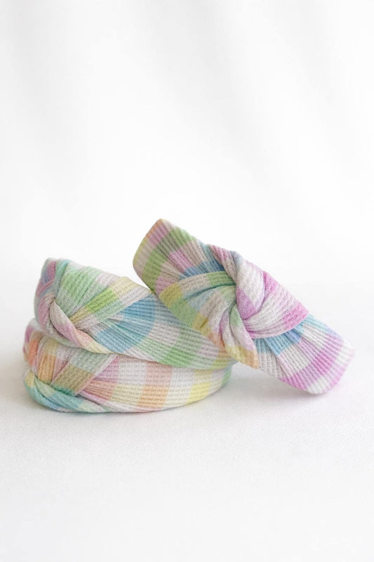 Pastel Gingham Waffle Knit Top Knot Headband - Brynnbands
