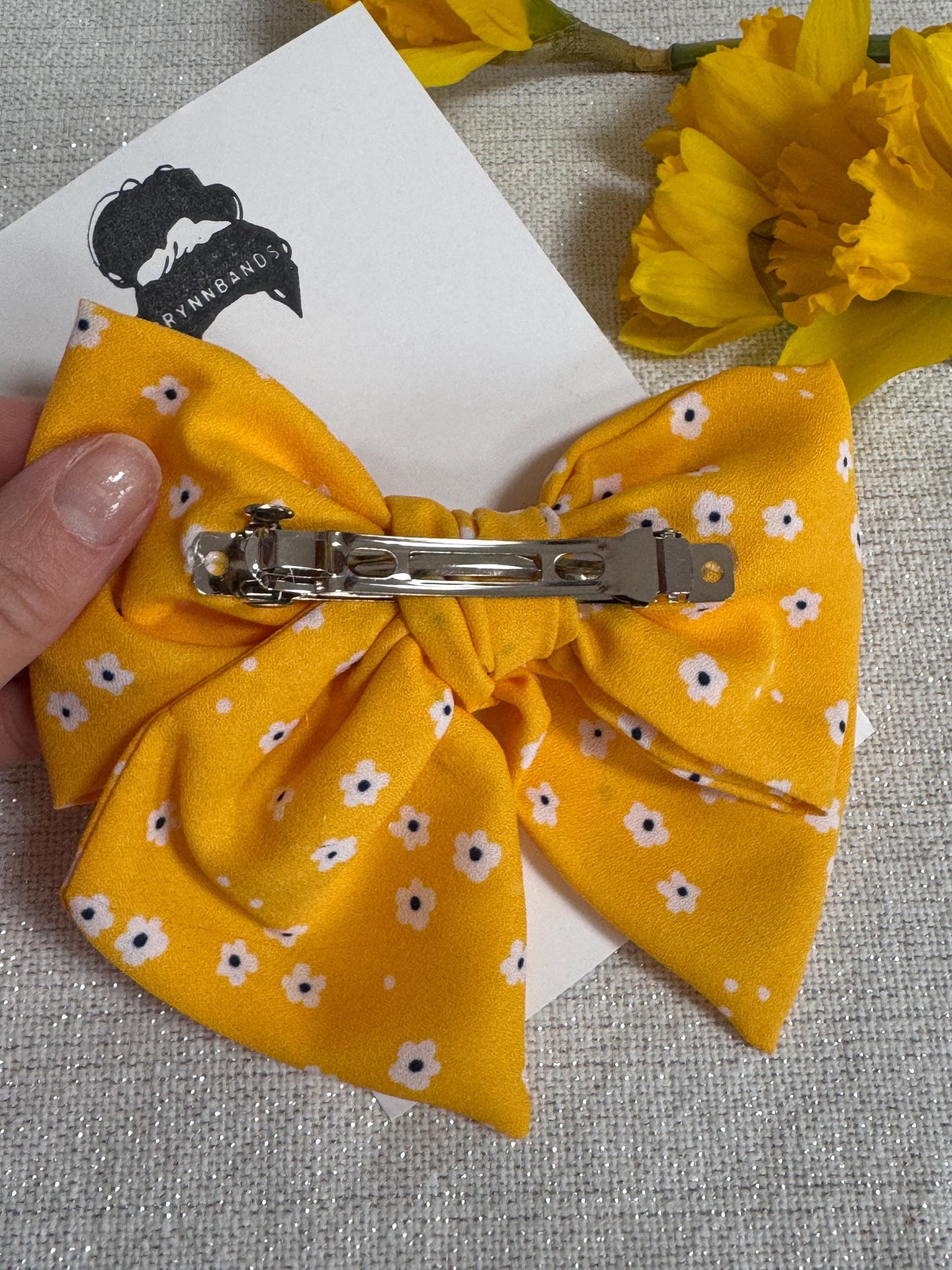Yellow Daisy Chiffon Bow Barrette, Handmade Hair Clip