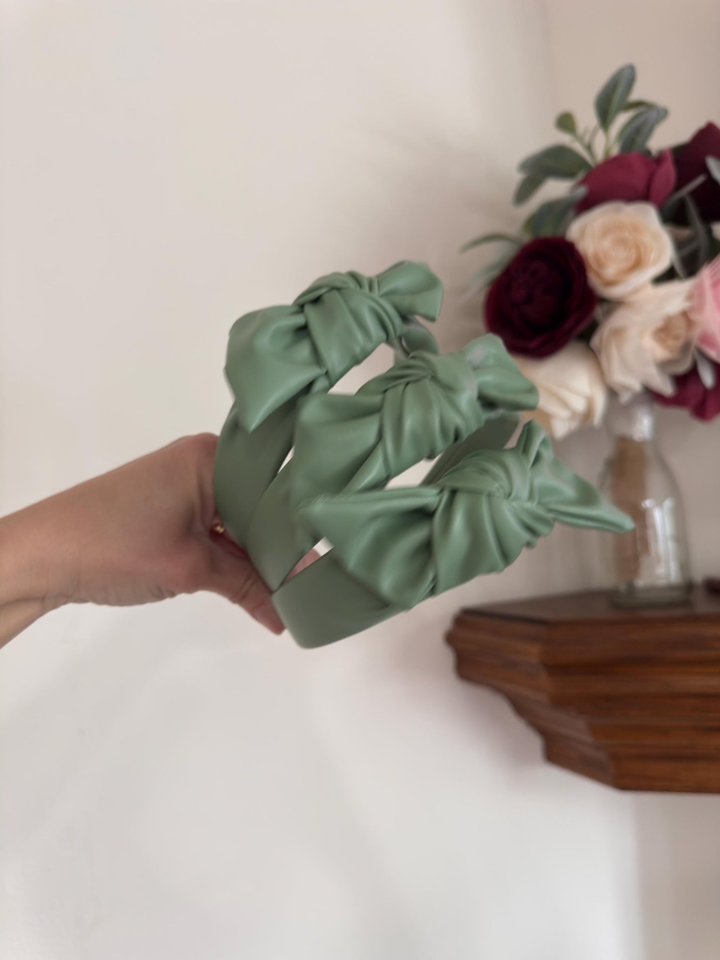 Handmade Sage Pleather Top Knot Headband – Bendable, Comfortable Fit