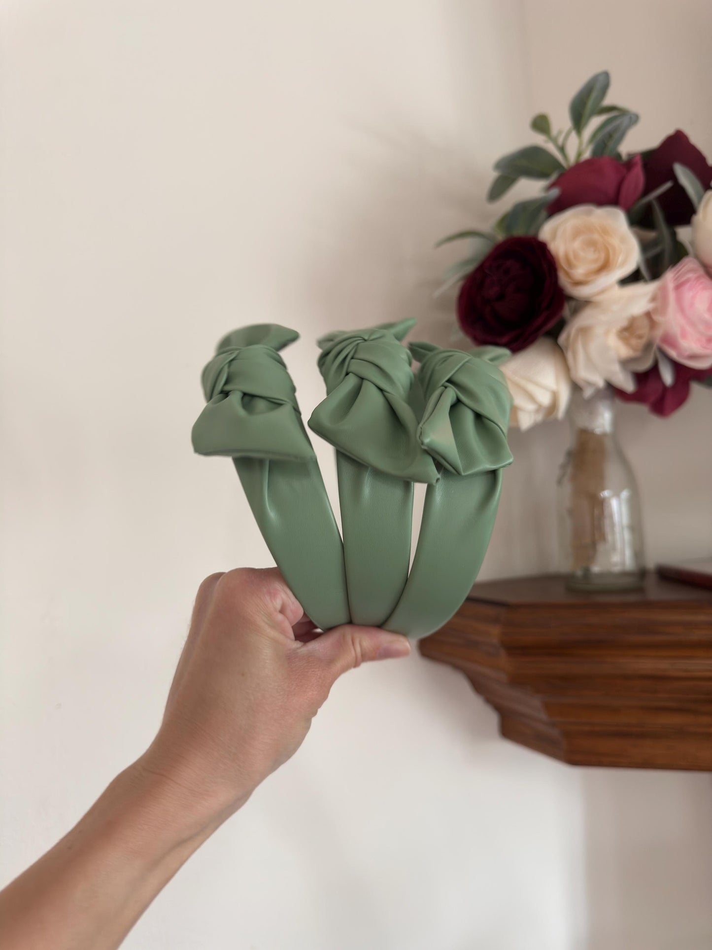 Handmade Sage Pleather Top Knot Headband – Bendable, Comfortable Fit