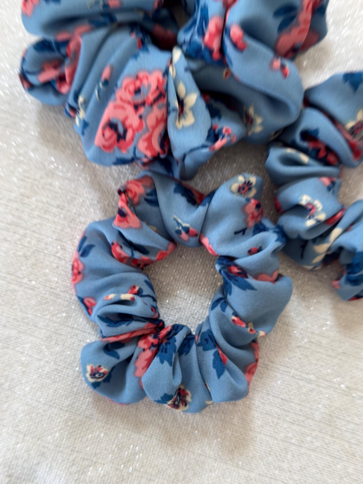 Blue Floral Chiffon Scrunchie, Lightweight Handmade Hair Accessory
