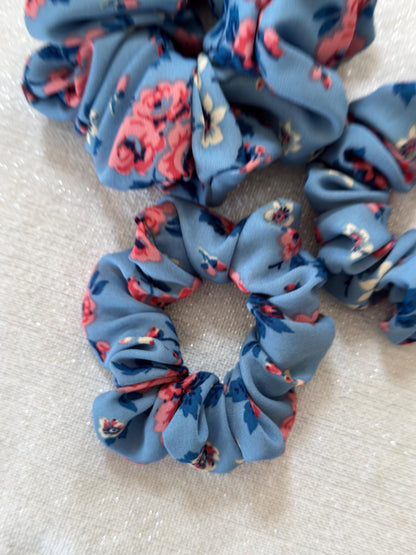 Blue Floral Chiffon Scrunchie, Lightweight Handmade Hair Accessory