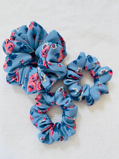 Blue Floral Chiffon Scrunchie, Lightweight Handmade Hair Accessory