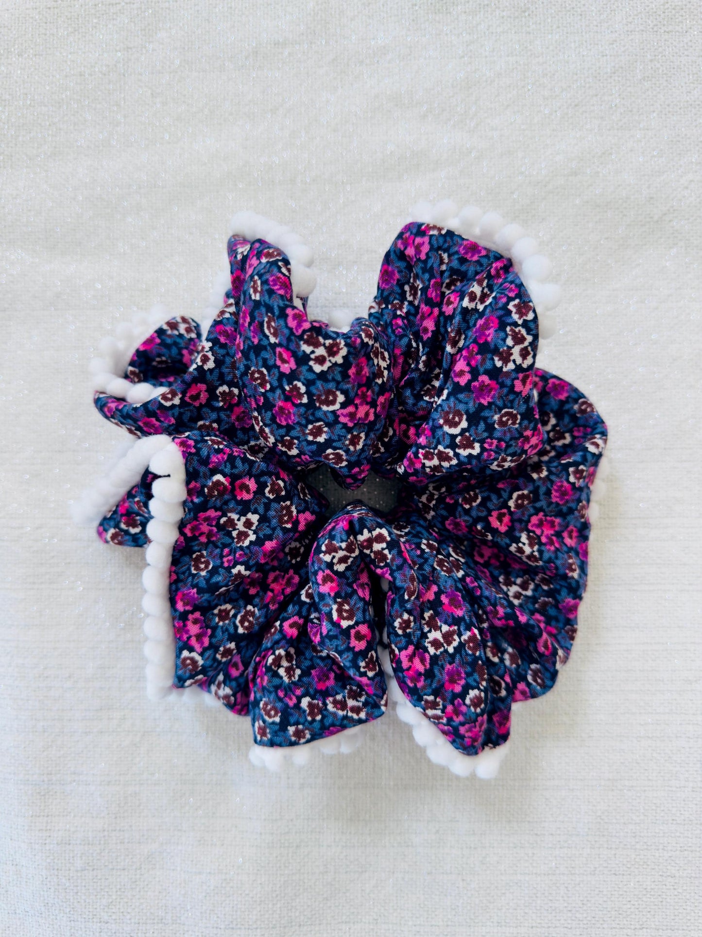 Floral Scrunchie with Pom Pom Trim, Handmade Hair Accessory