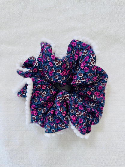 Floral Scrunchie with Pom Pom Trim, Handmade Hair Accessory