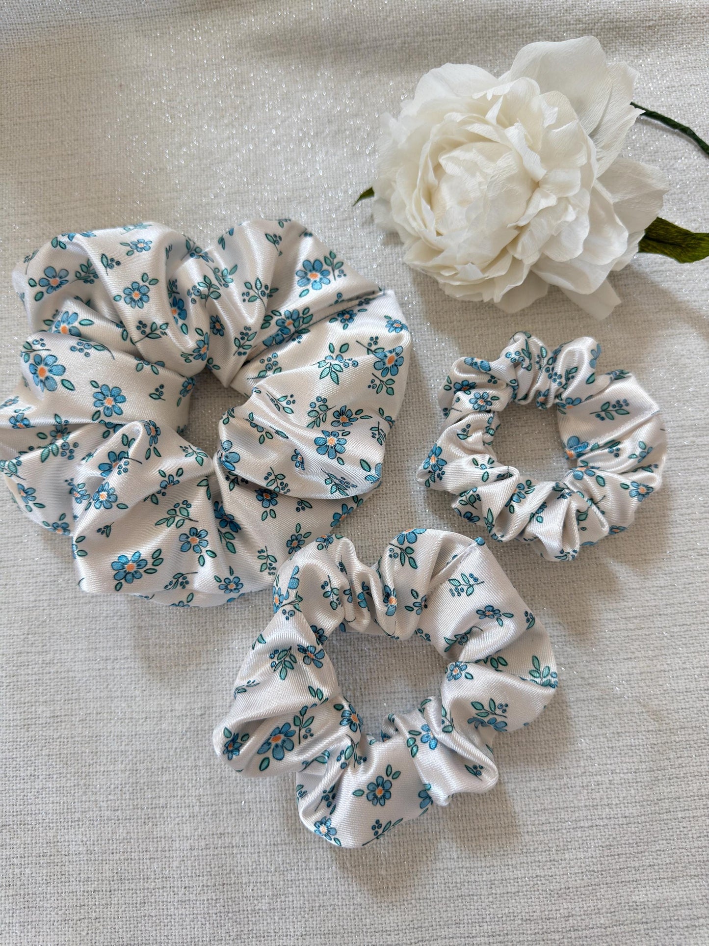 White Floral Satin Scrunchie