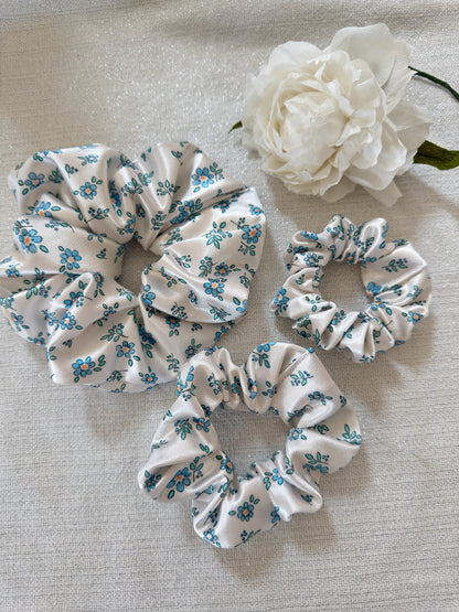 White Floral Satin Scrunchie