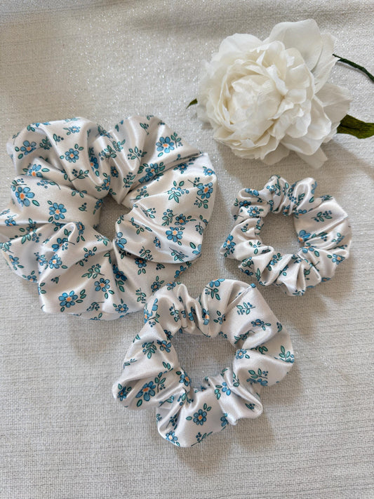 White Floral Satin Scrunchie