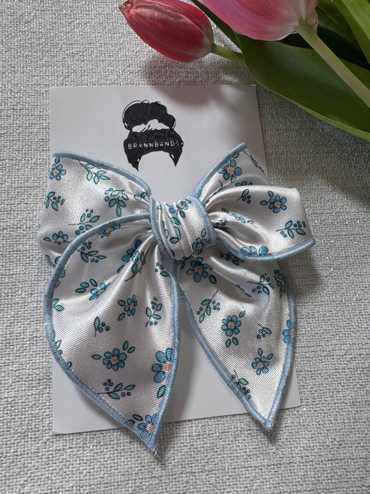 White Floral Bow, Satin Fable Bow, Brynnbands