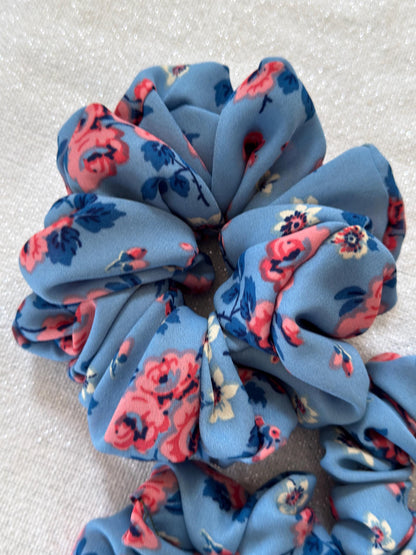 Blue Floral Chiffon Scrunchie, Lightweight Handmade Hair Accessory