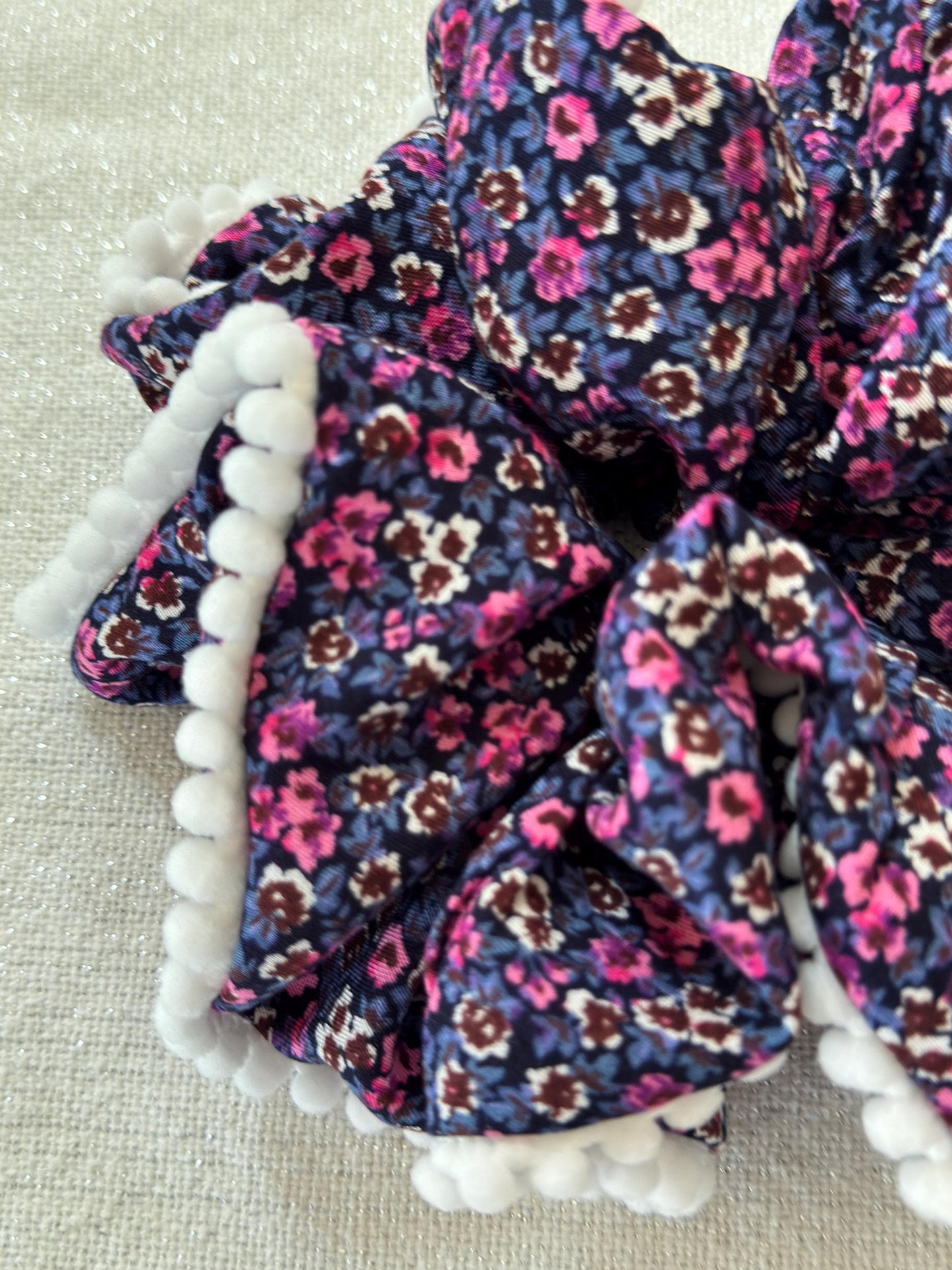 Floral Scrunchie with Pom Pom Trim, Handmade Hair Accessory
