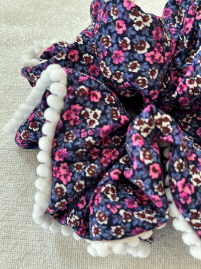 Floral Scrunchie with Pom Pom Trim, Handmade Hair Accessory