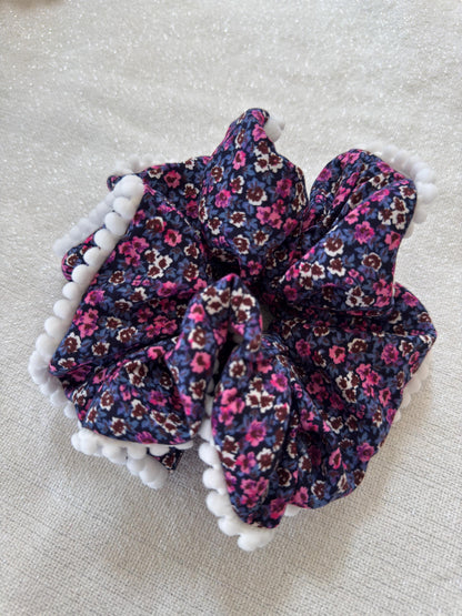 Floral Scrunchie with Pom Pom Trim, Handmade Hair Accessory
