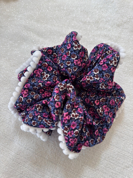 Floral Scrunchie with Pom Pom Trim, Handmade Hair Accessory