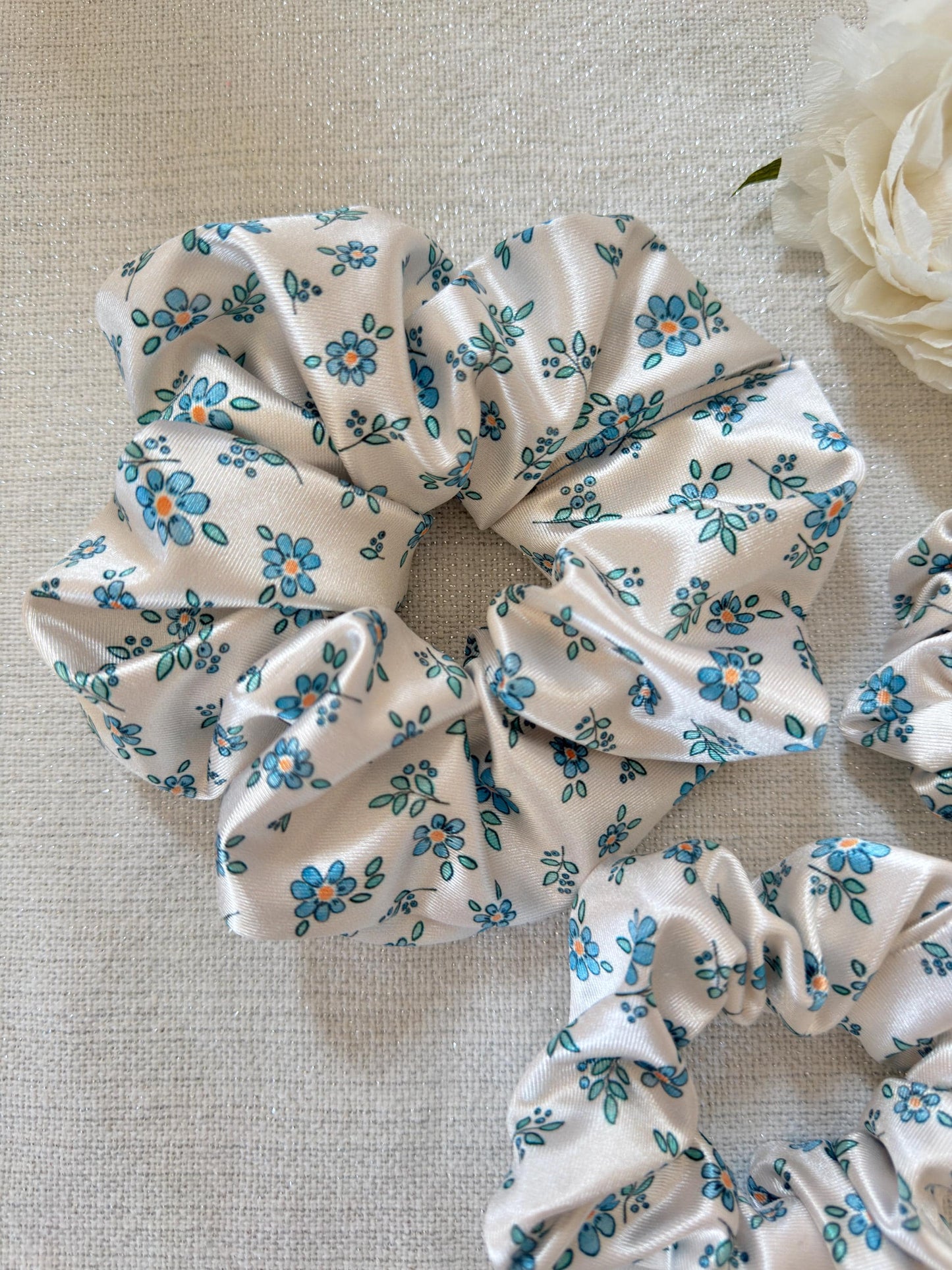 White Floral Satin Scrunchie