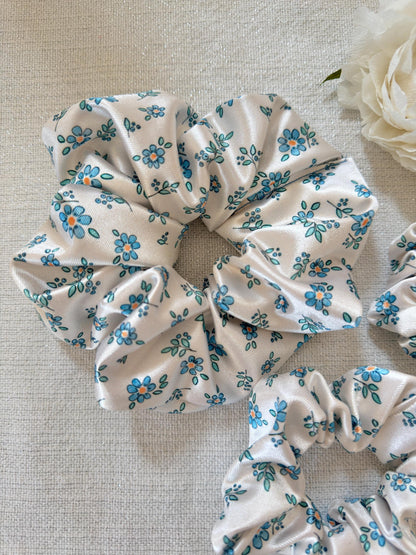 White Floral Satin Scrunchie