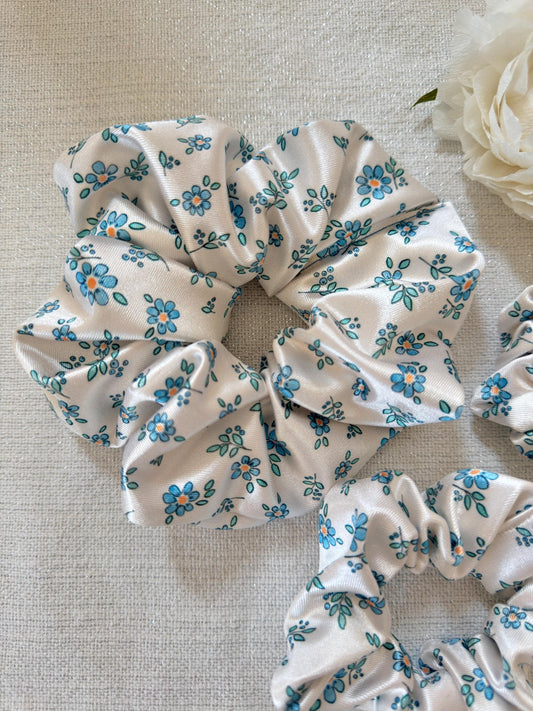 White Floral Satin Scrunchie