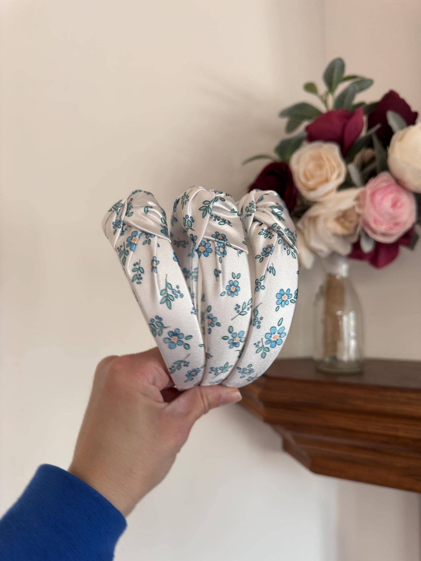 White Floral Satin Top Knot, Brynnbands, Hard Headband, Knotted Headband