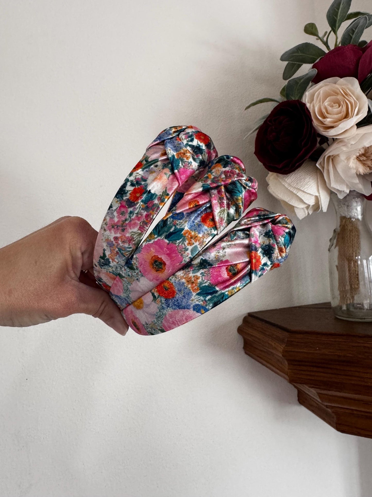 Floral Satin Top Knot, Brynnbands, Hard Headband, Knotted Headband