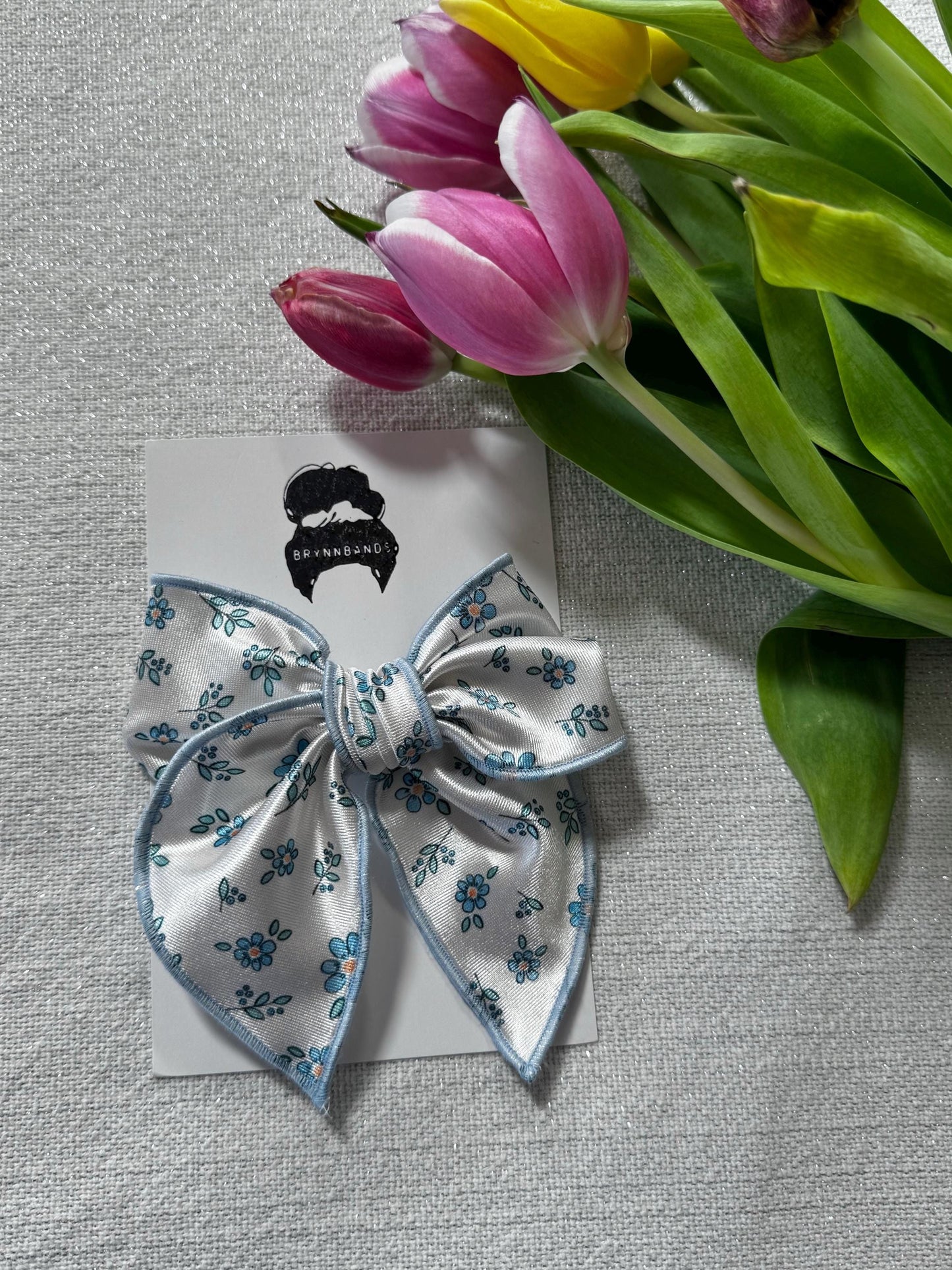 White Floral Bow, Satin Fable Bow, Brynnbands
