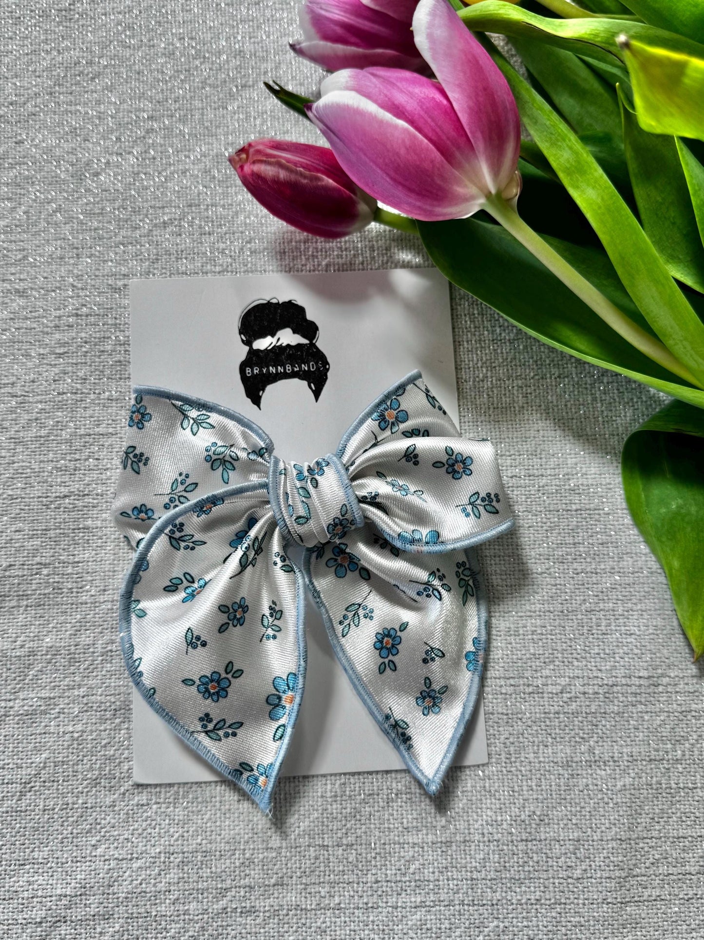 White Floral Bow, Satin Fable Bow, Brynnbands