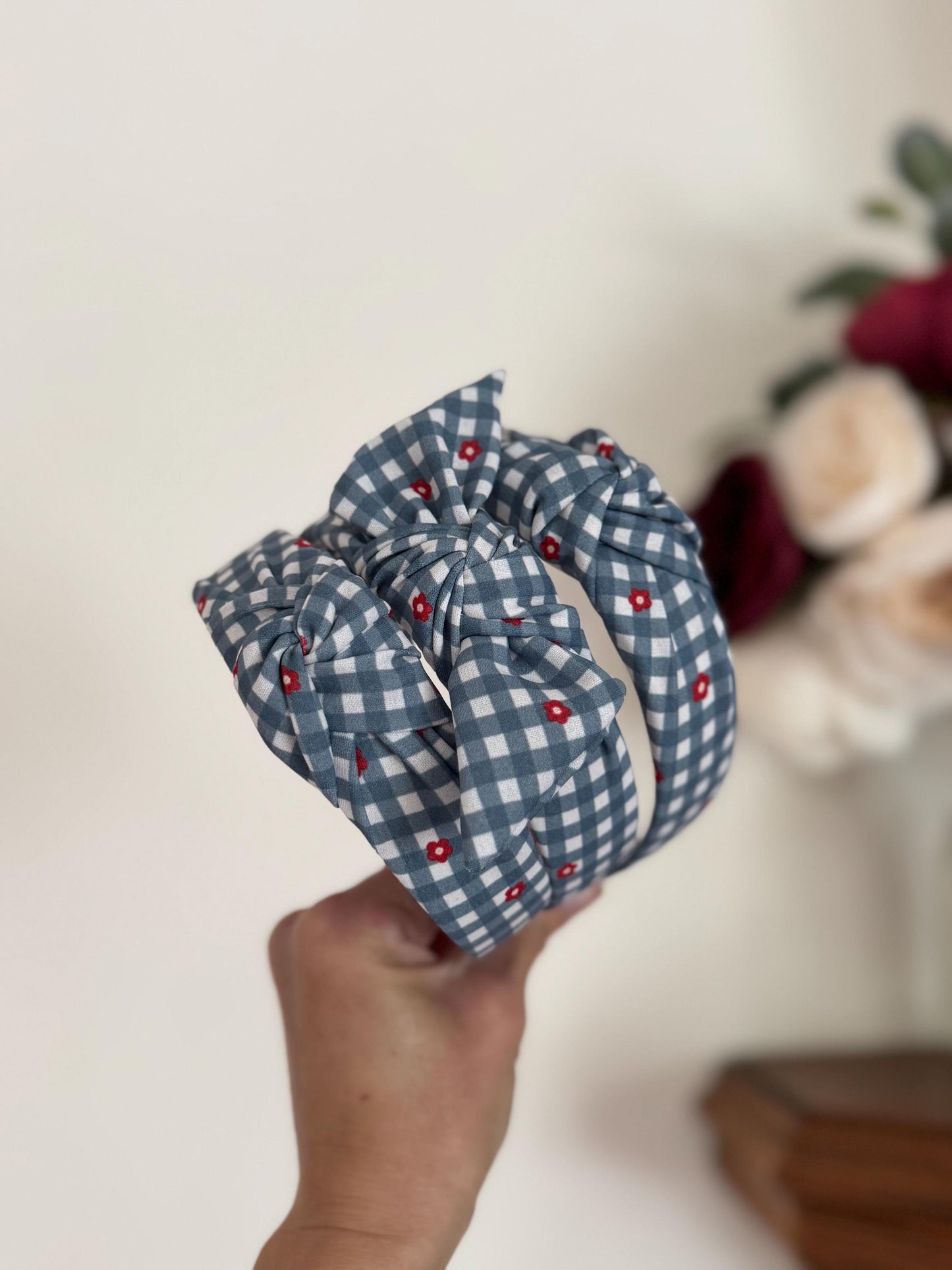 Checkered Floral Gingham Headband, Stars Stripes Fabric, 4th of July Accessory,     Fourth of July