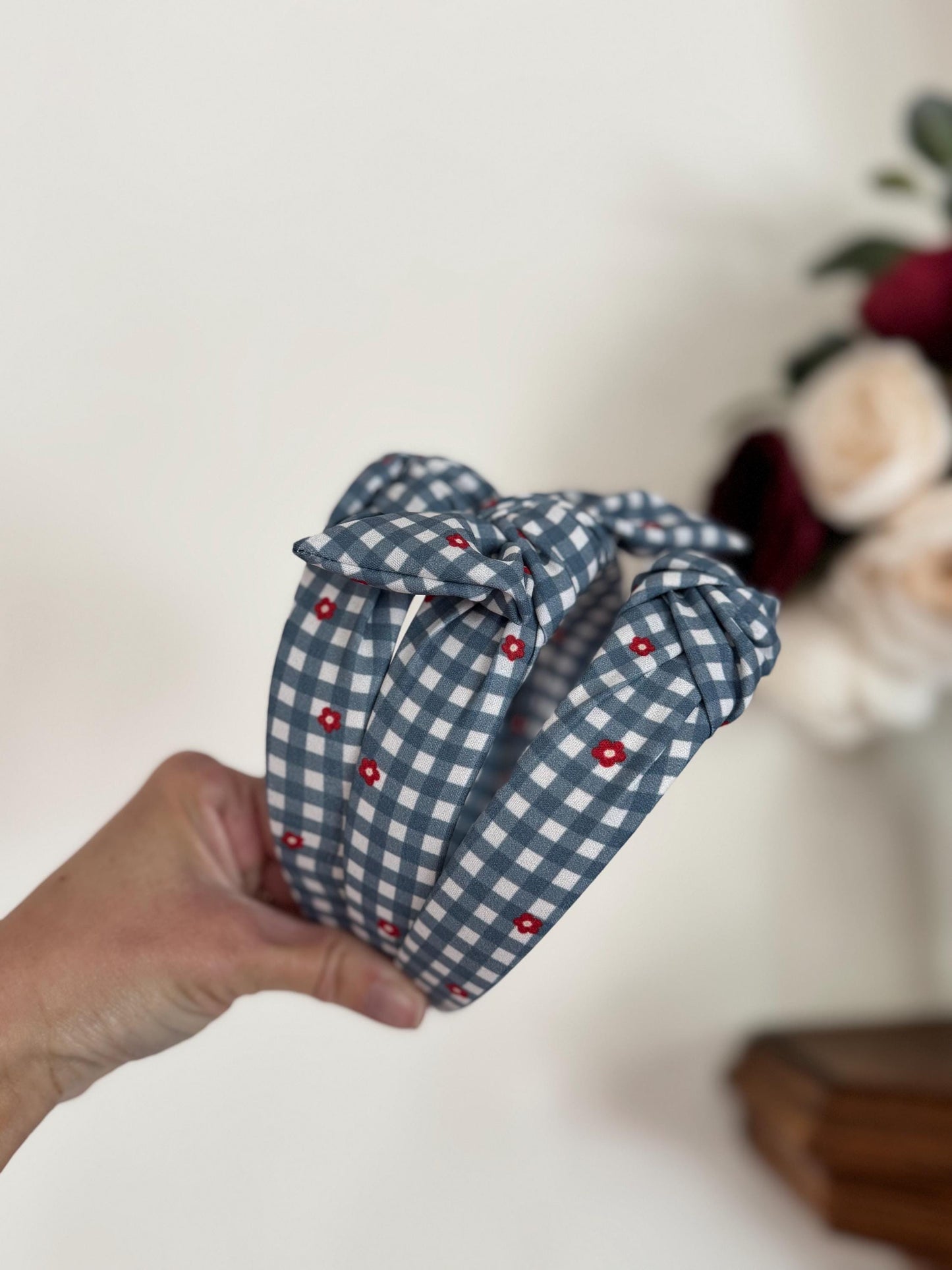 Checkered Floral Gingham Headband, Stars Stripes Fabric, 4th of July Accessory,     Fourth of July