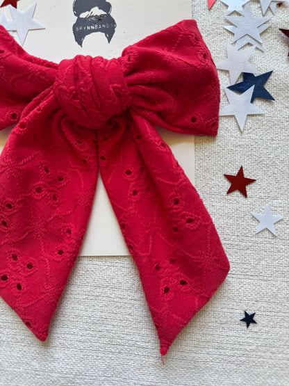 Red Eyelet Hair Bow Barrette: Soft Poly Clip