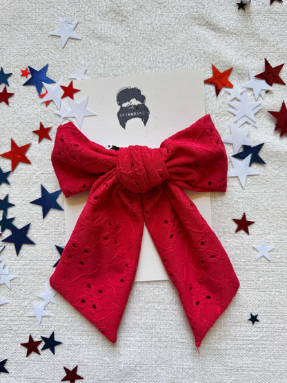 Red Eyelet Hair Bow Barrette: Soft Poly Clip