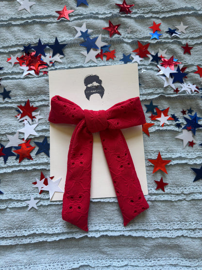 Red Eyelet Hair Bow Barrette: Soft Poly Clip
