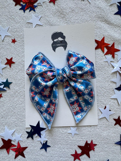 Barn Quilt Fable Bow, Patriotic Satin Bow, Brynnbands