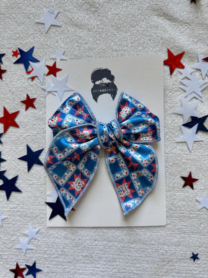 Barn Quilt Fable Bow, Patriotic Satin Bow, Brynnbands