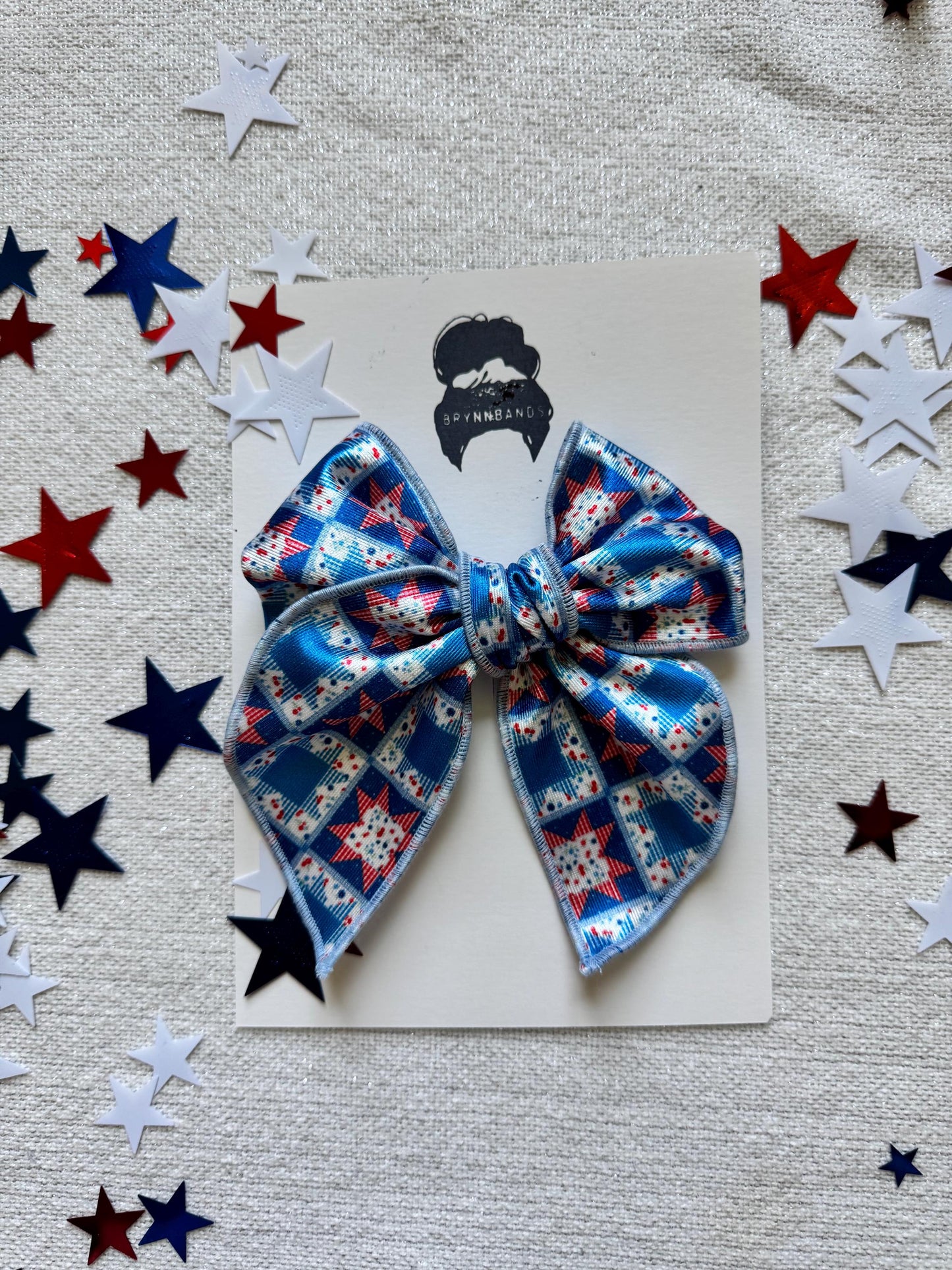 Barn Quilt Fable Bow, Patriotic Satin Bow, Brynnbands