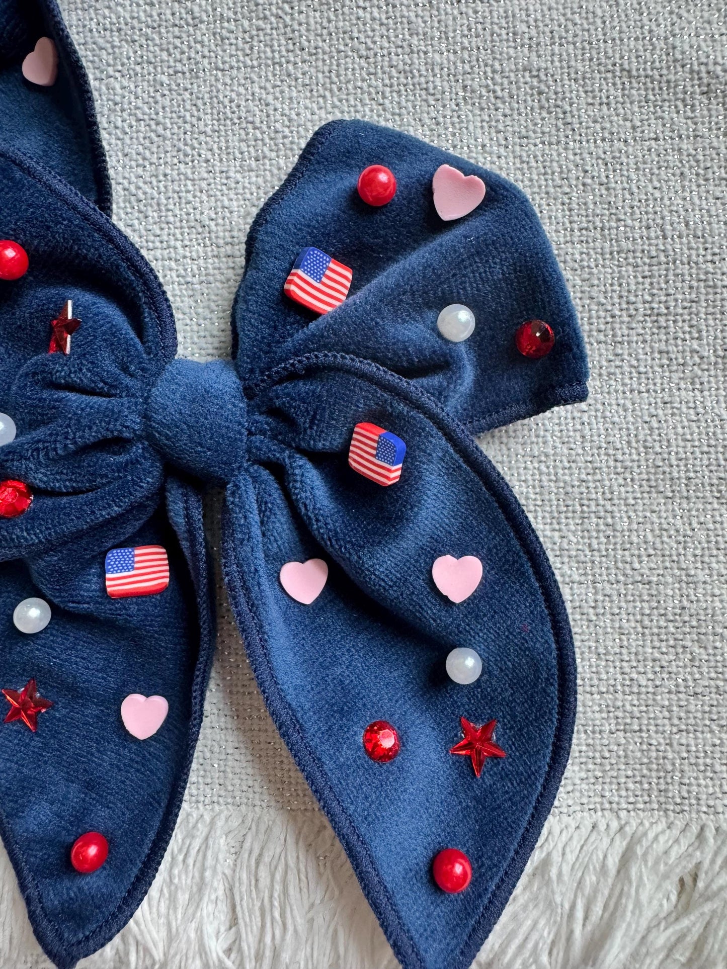 Navy Blue Bow, 4th of July Beaded Bow, Brynnbands
