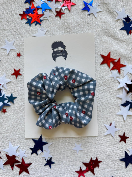 Floral Gingham Scrunchie: Red Bow, Patriotic Hair Accessory