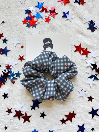 Floral Gingham Scrunchie: Red Bow, Patriotic Hair Accessory