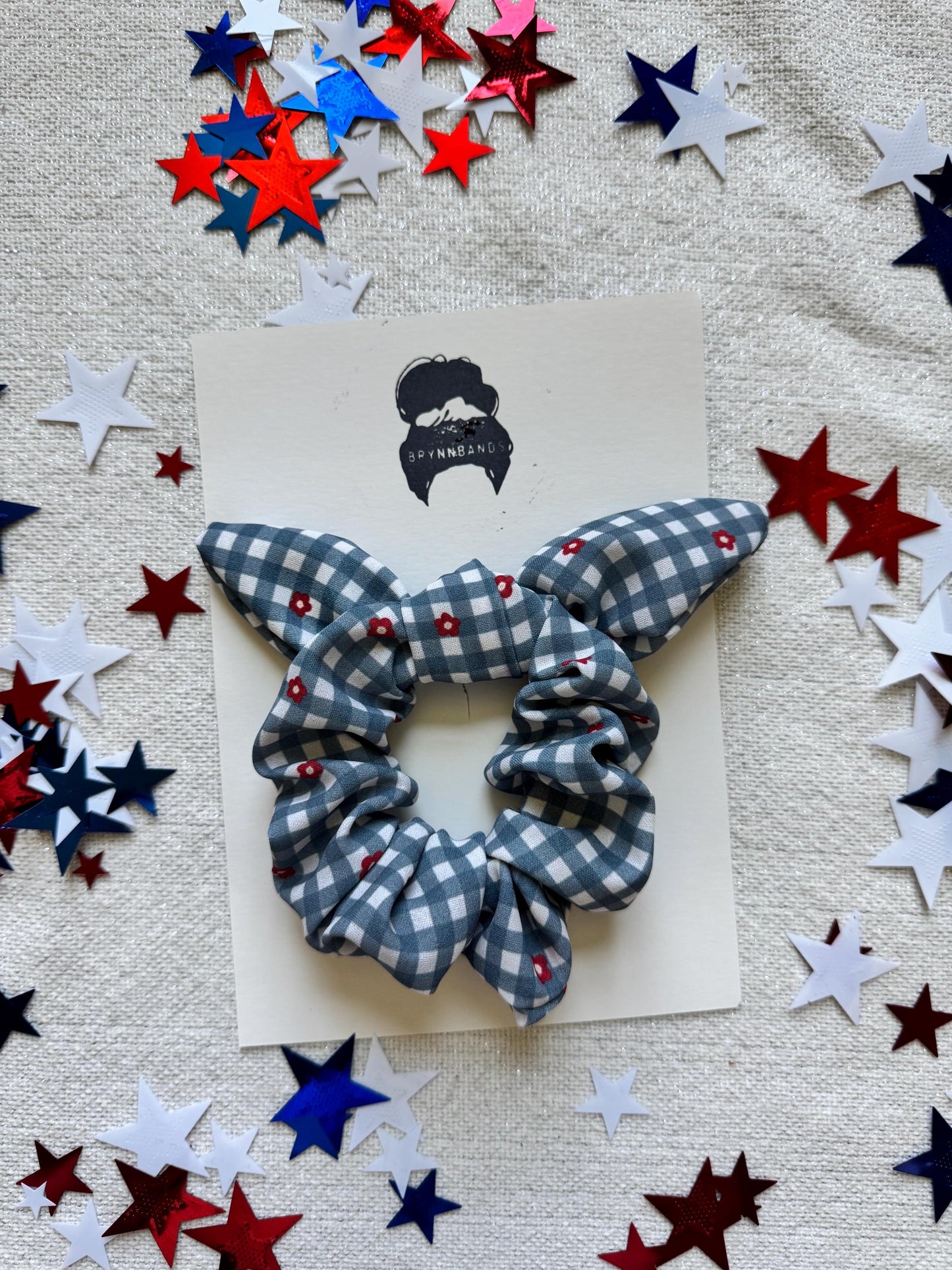 Floral Gingham Scrunchie: Red Bow, Patriotic Hair Accessory