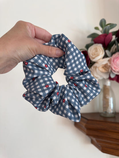 Floral Gingham Scrunchie: Red Bow, Patriotic Hair Accessory