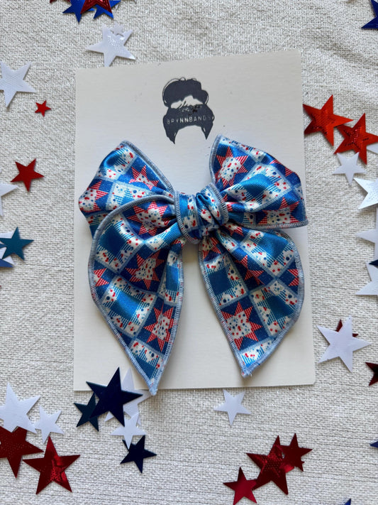 Barn Quilt Fable Bow, Patriotic Satin Bow, Brynnbands