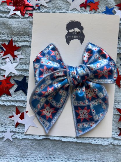 Barn Quilt Fable Bow, Patriotic Satin Bow, Brynnbands