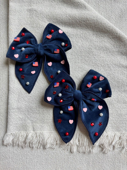 Navy Blue Bow, 4th of July Beaded Bow, Brynnbands